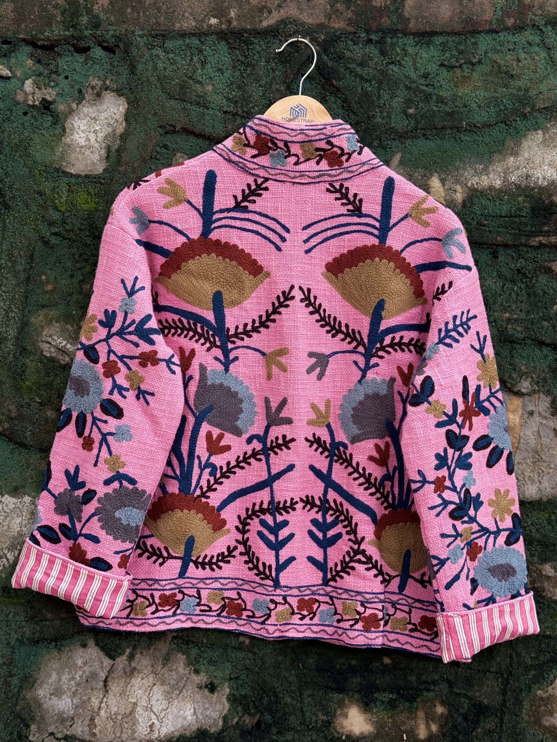 Womens Pink Velvet Embroidered Jacket with Floral Design - Image 5