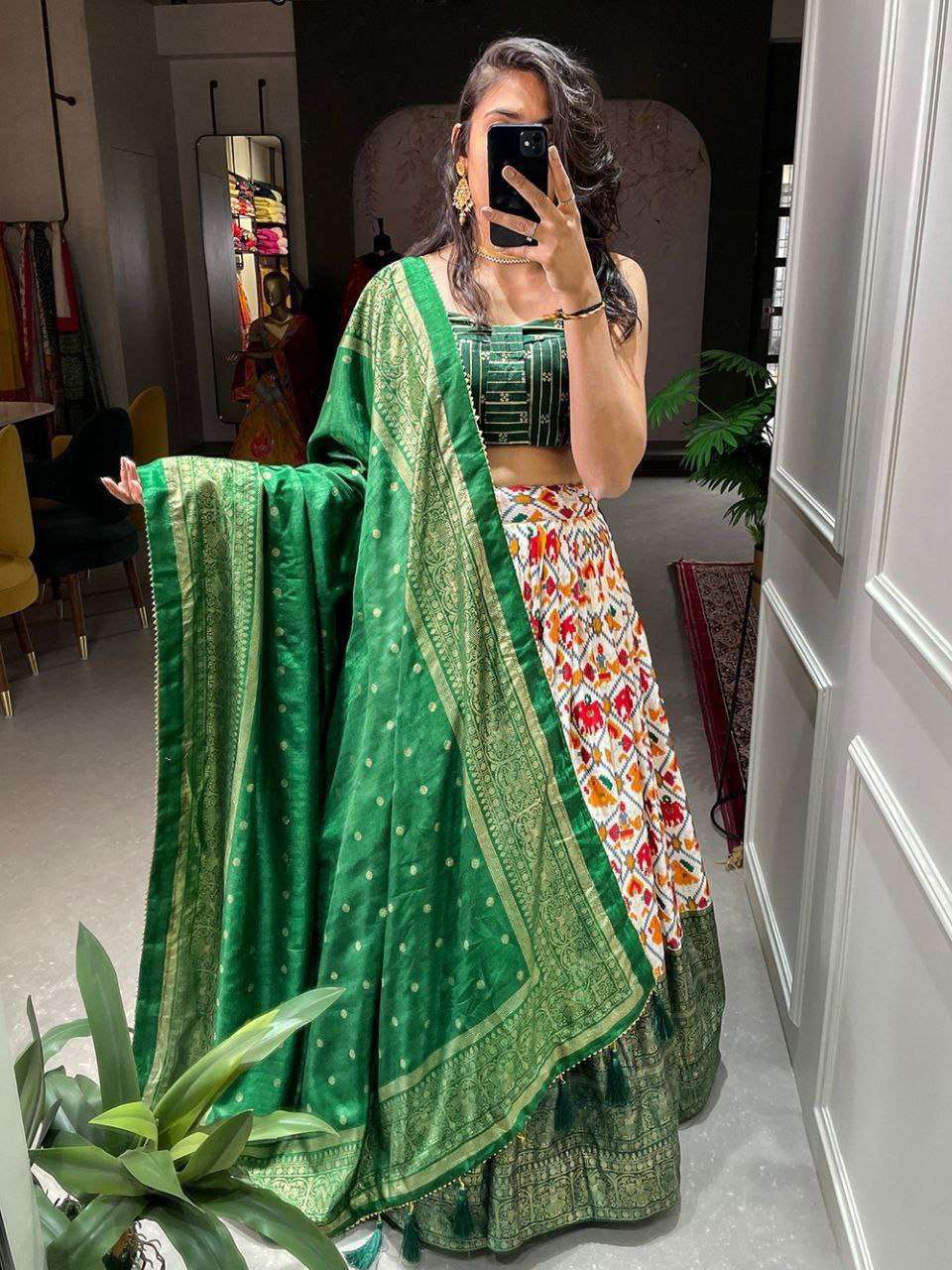 Women's Tussar Silk Patola Print Lehenga Choli Dupatta Set