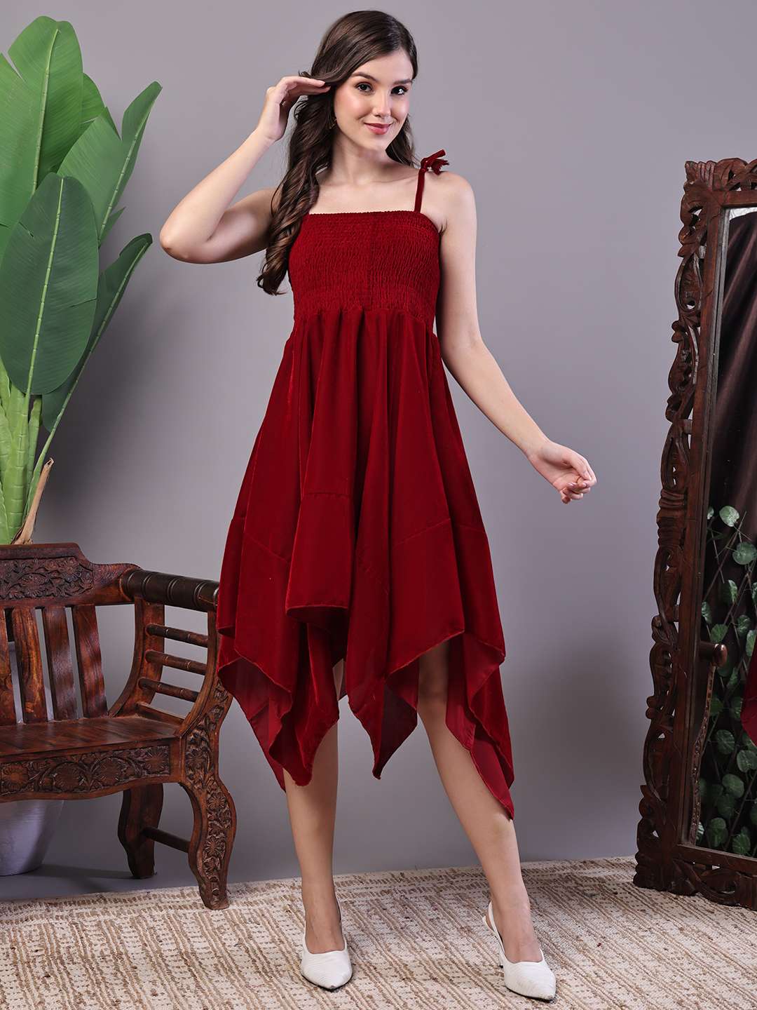 Women's Junglee Velvet Maroon Handkerchief Hem Dress - Image 3
