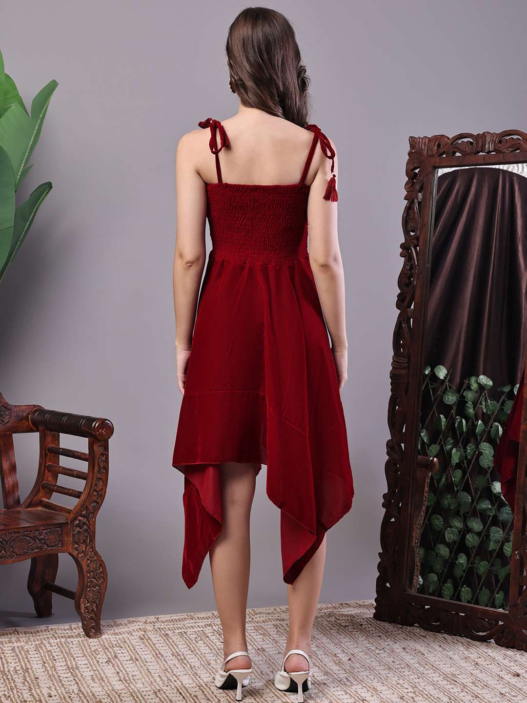 Women's Junglee Velvet Maroon Handkerchief Hem Dress - Image 2