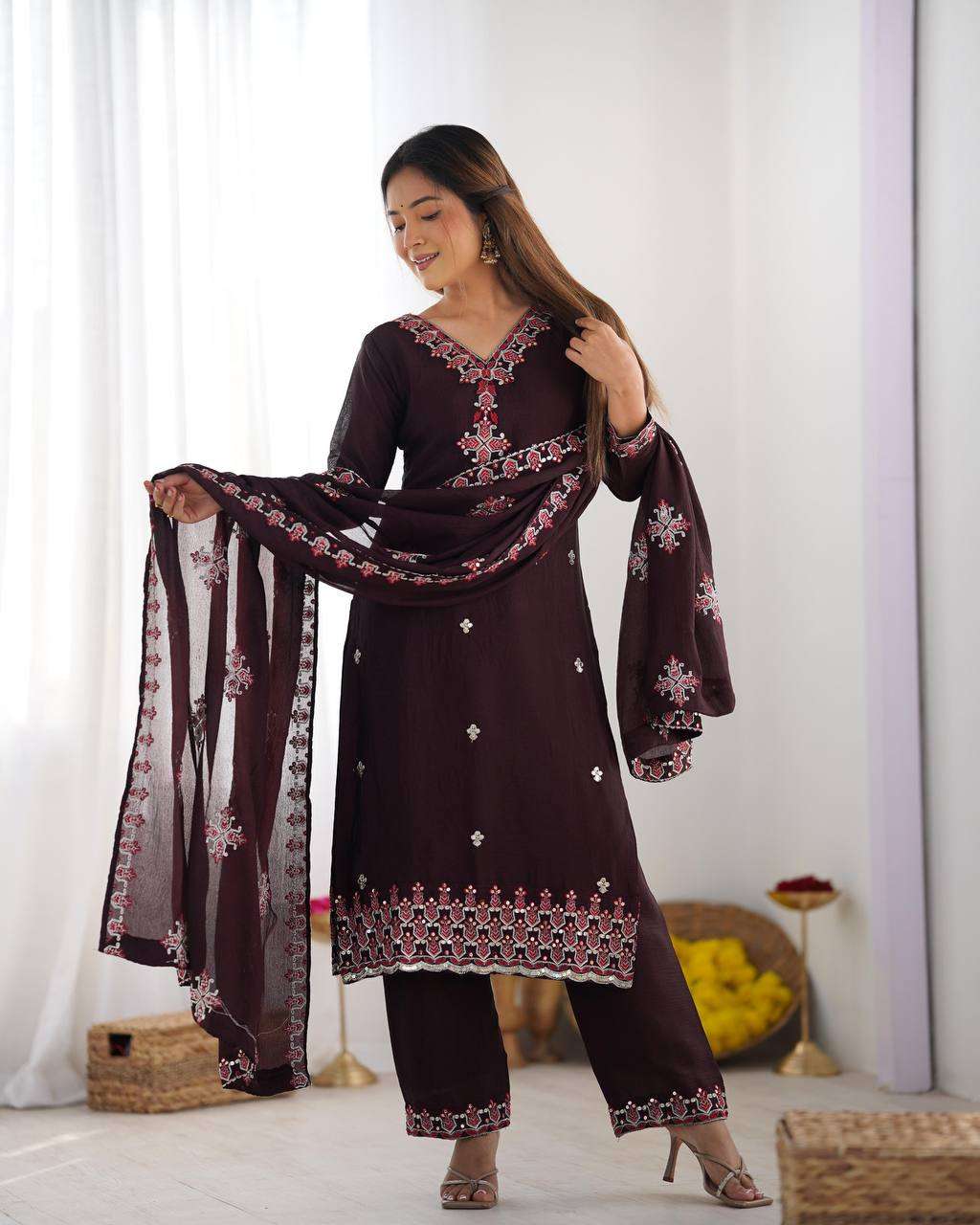 Women's Chinnon Silk Embroidery Sequence Work and Lace Work Straight Kurti With Pant and Dupatta - Image 12