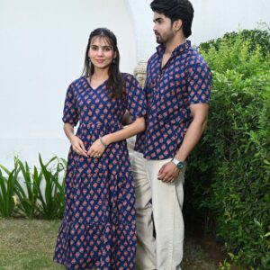 Couple Matching Navy Blue Cotton Printed Anarkali Midi Dress & Shirt Set ? Casual & Festive Wear
