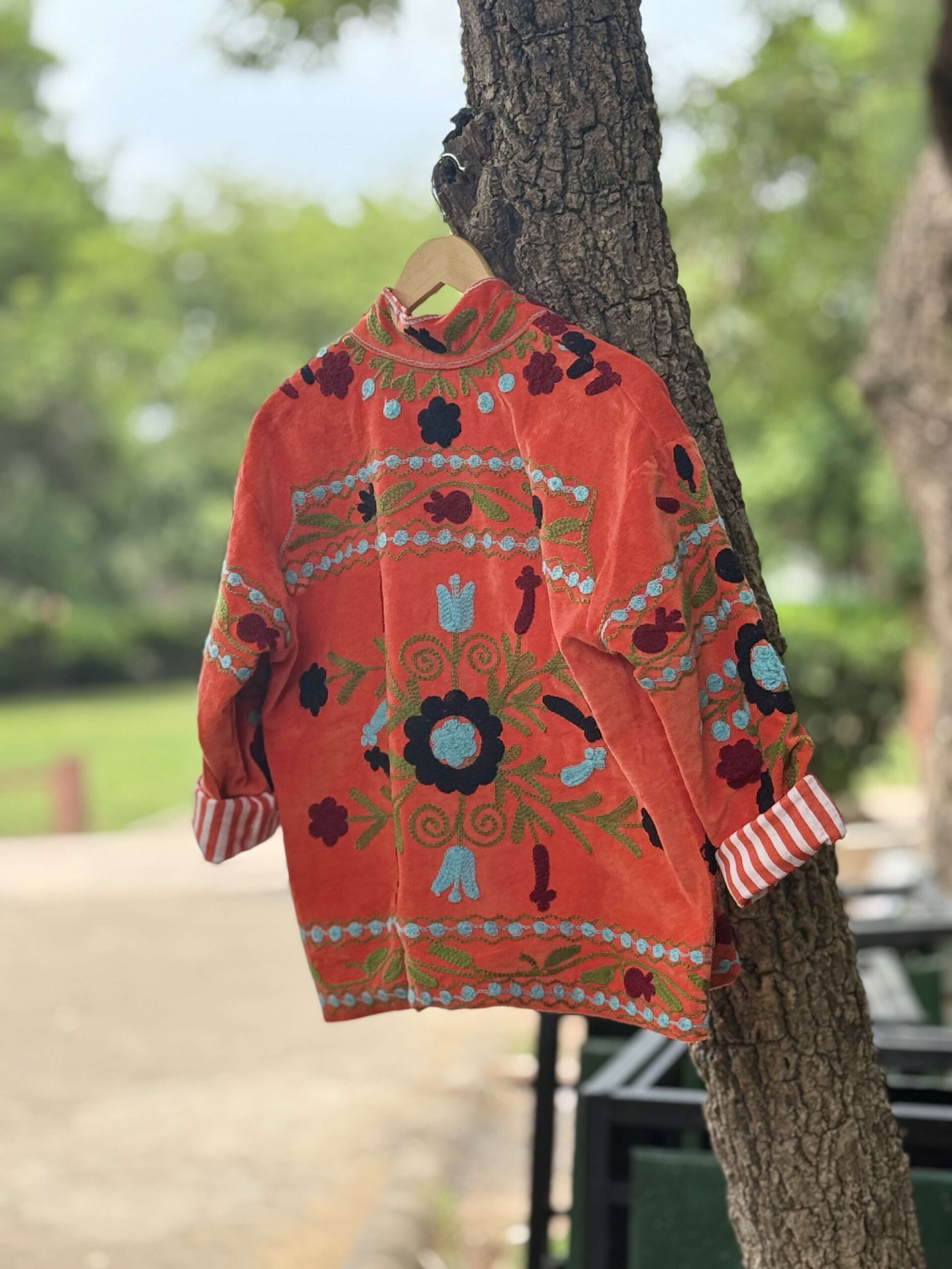 Womens Orange Velvet Embroidered Jacket with Floral Design - Image 8