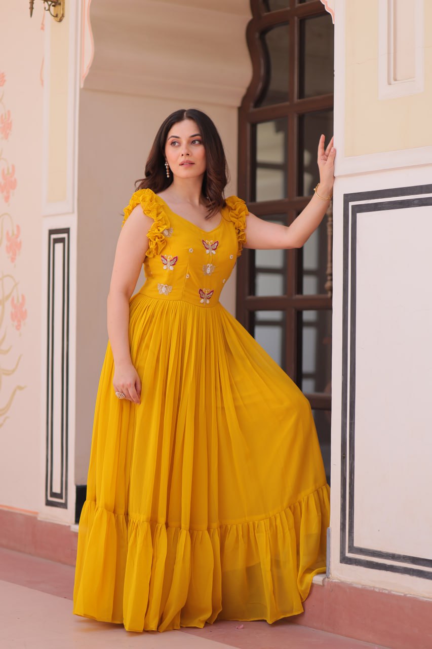 Women's Elegant Plum Purple Georgette Anarkali Gown with Butterfly Applique & Ruffle Sleeves – Festive & Special Occasion Wear - Image 2
